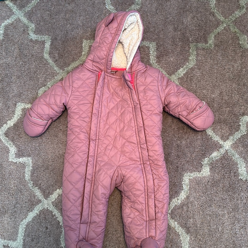 EGG New York pink snow suit. Size 3 months.